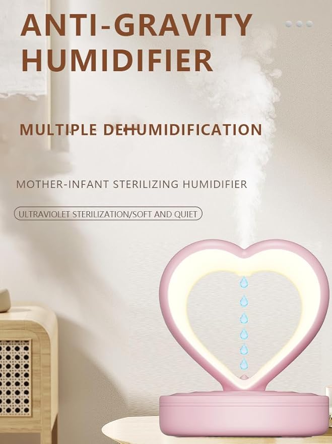 Anti-Gravity Heart Humidifier – Ultrasonic Cool Mist with Night Light (Pink)