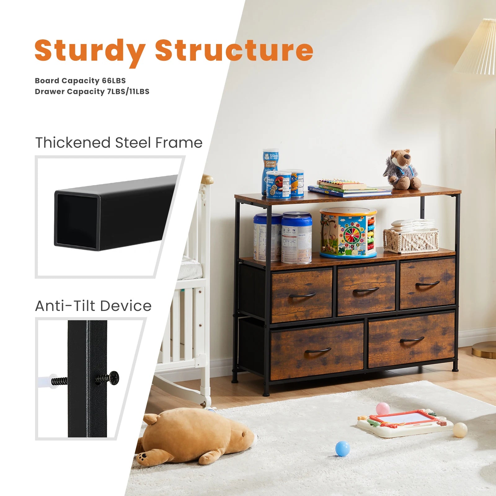 Shoe Rack and Dresser with 5 Protective Multilayer Drawers
