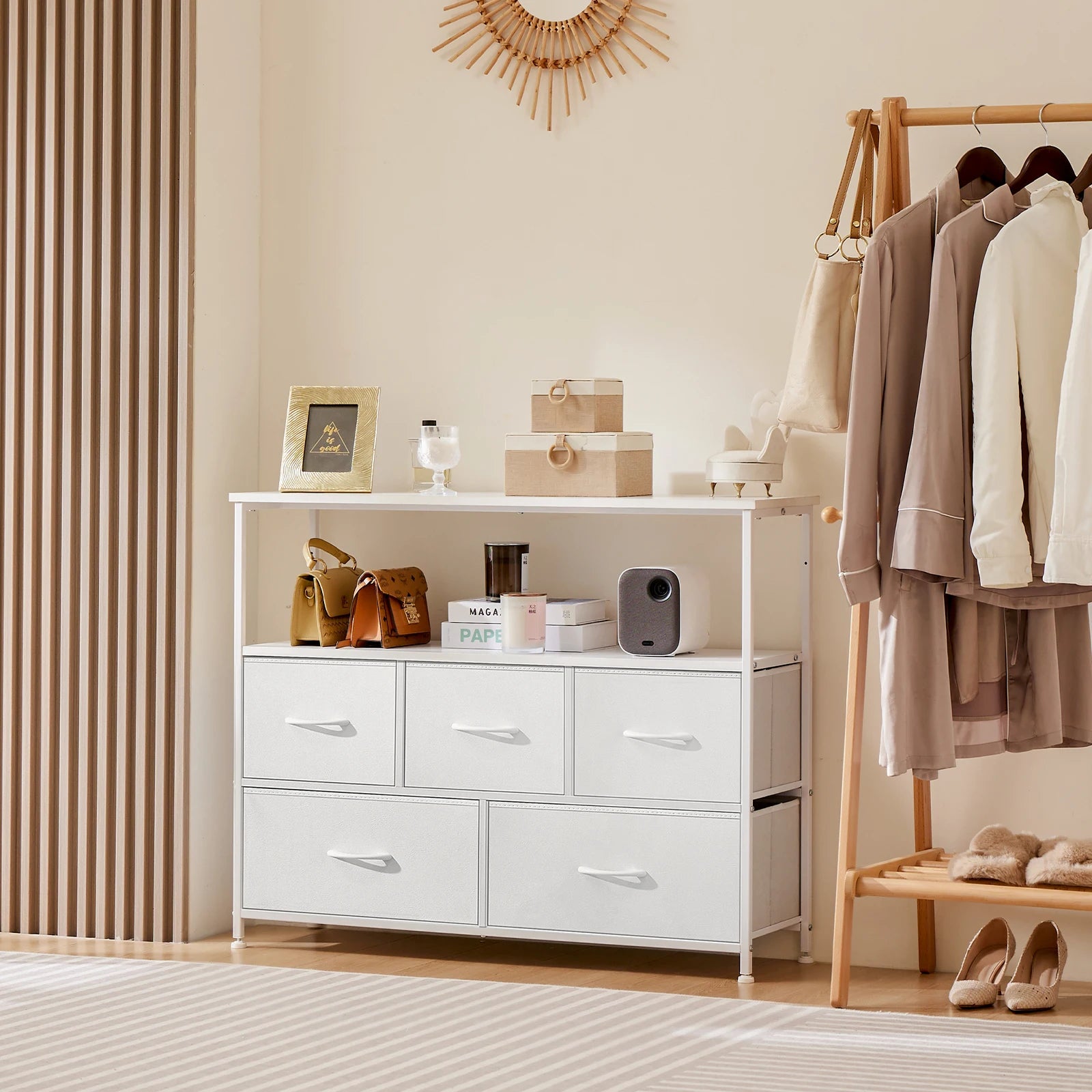 Shoe Rack and Dresser with 5 Protective Multilayer Drawers