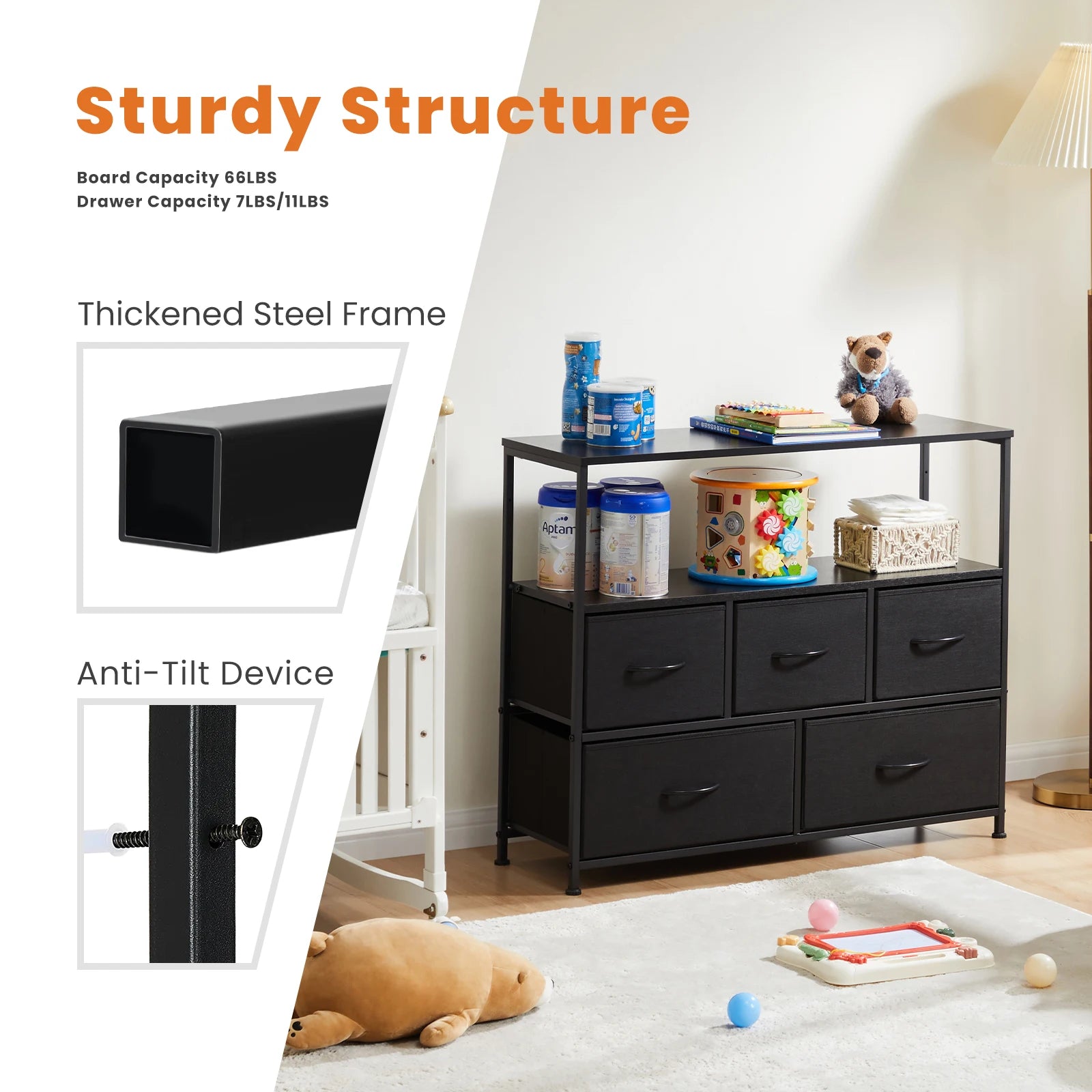 Shoe Rack and Dresser with 5 Protective Multilayer Drawers
