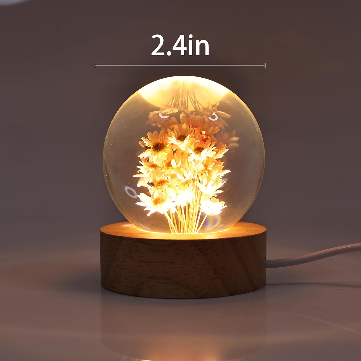 Daisy Crystal Flower Night Light – Floral Resin Lamp with Wooden Base
