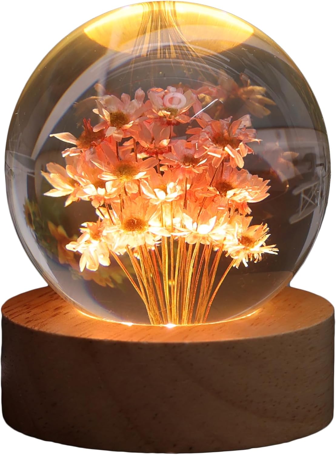 Daisy Crystal Flower Night Light – Floral Resin Lamp with Wooden Base